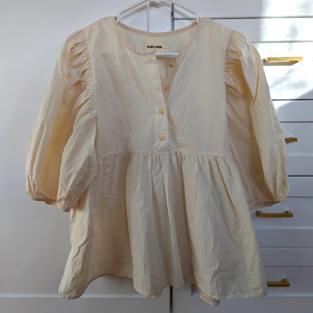 Rudy Jude Adult Day Blouse, Window Pane pattern, natural color, size small